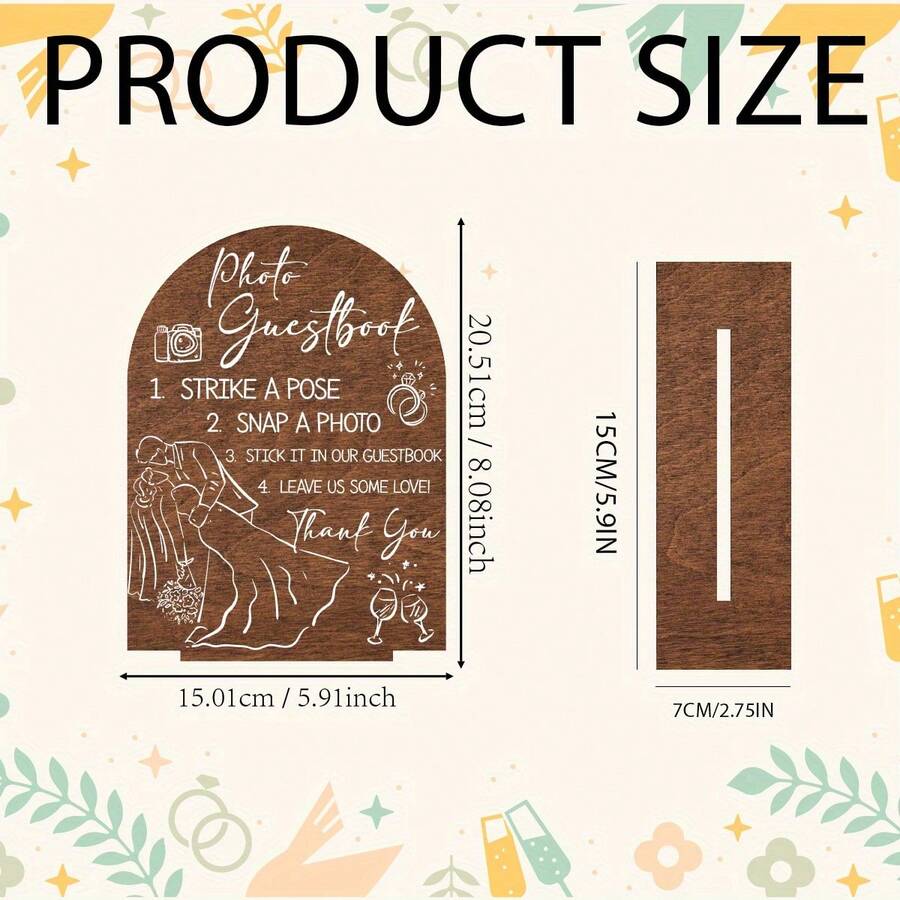 Vintage Boho Wedding Guest Sign-In Board With Stand - Wooden Photo Booth & Signature Board, Asymmetrical Shape Tabletop Decor, Suitable For Ceremony & Reception, No Power Required - Camel - View 1
