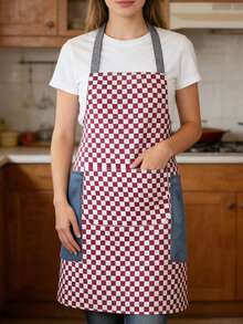 Sleeveless Apron With Large Pocket,Waterproof,Plaid Design,Easy To Clean,Perfect For Home - 紅色 - 查看 1