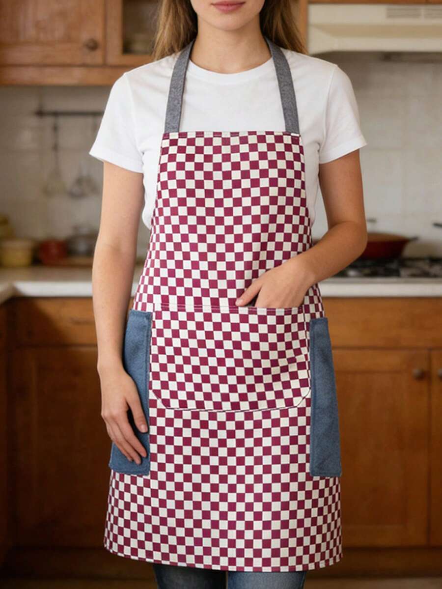 Sleeveless Apron With Large Pocket,Waterproof,Plaid Design,Easy To Clean,Perfect For Home - 紅色 - 查看 1