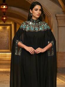 Women's Stand Collar Solid Color Lace Trim, Applique Detail, Soft & Comfortable Long Arabic Style Abaya, Suitable For Holidays And Daily Wear - Black - View 1