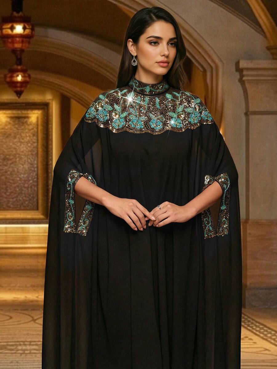 Women's Stand Collar Solid Color Lace Trim, Applique Detail, Soft & Comfortable Long Arabic Style Abaya, Suitable For Holidays And Daily Wear - Black - View 1