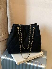 Large Capacity Fashion Tote Bag, Padded, Embroidered Quilted, Soft, Winter Chain Strap Shoulder Crossbody Bag For Women