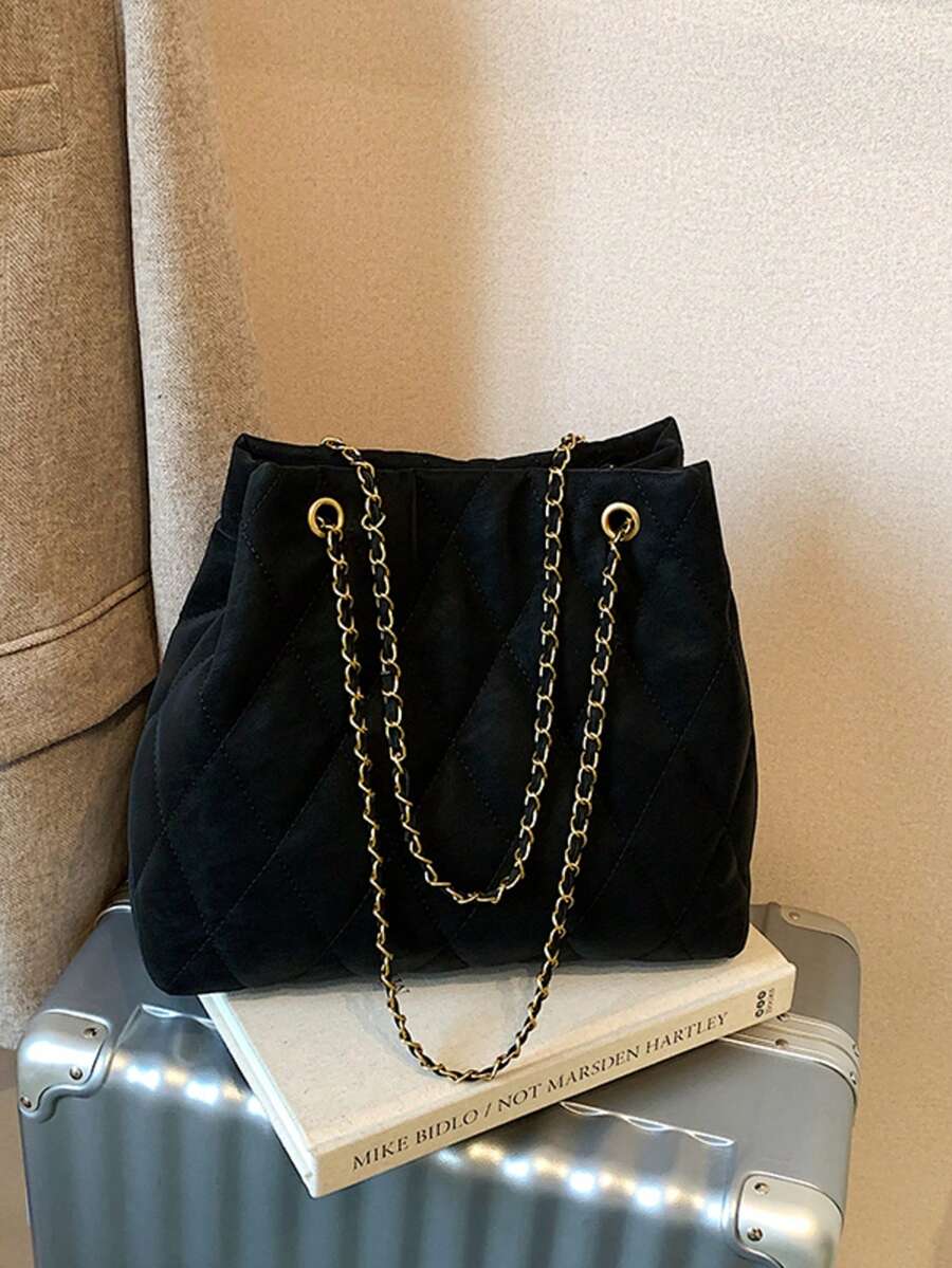 Large Capacity Fashion Tote Bag, Padded, Embroidered Quilted, Soft, Winter Chain Strap Shoulder Crossbody Bag For Women