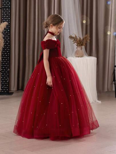 少女圣诞连衣裙，吊带蝴蝶结薄纱优雅花童派对礼服公主裙，适合女孩婚礼、派对、生日、圣餐礼、特殊场合