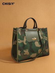 New Original Military Green Large Tote Bag, High Capacity Handbag With PU Camouflage Patchwork, Fashionable & Unique, Adjustable Shoulder Strap, Multi-Functional For Commuting, Outing, And School - 綠棕色迷彩 - 查看 3