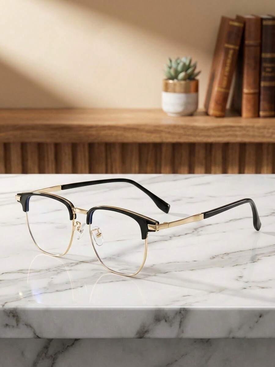 1副黑色和金色双色半框方形眼镜，轻便复古时尚简约商务风格男士光学眼镜 - 無色 - 查看 1