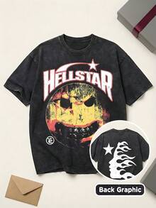Hell Star Men's Black And Grey T-Shirt Hell Star Graphic Tee Cotton Shirt Unisex Couple Matching Boyfriend Style Double Sided Print Back Flame Face Graphic Distressed Happy Face Acid Washed Grunge Y2K Retro 90s Streetwear Summer Outfits Graphic Tees Men Oversized T Shirt Summer Clothes Men Fall Clothes Men Winter Clothes - 黑色 - 查看 1
