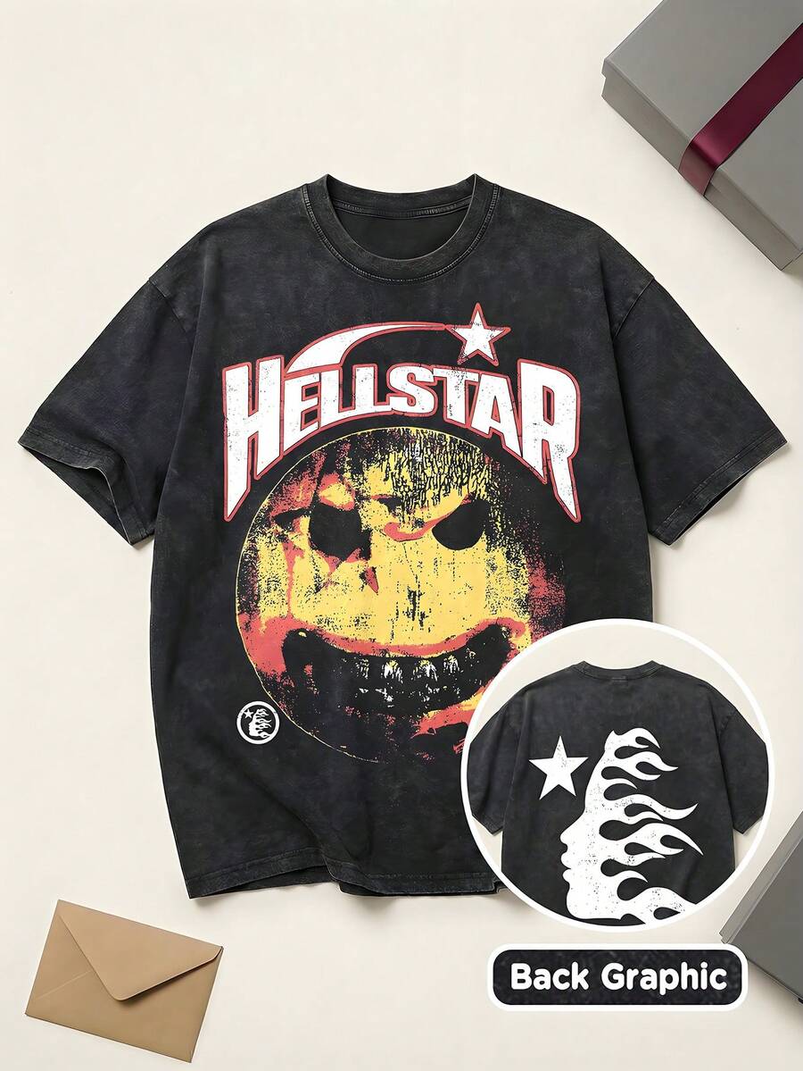 Hell Star Men's Black And Grey T-Shirt Hell Star Graphic Tee Cotton Shirt Unisex Couple Matching Boyfriend Style Double Sided Print Back Flame Face Graphic Distressed Happy Face Acid Washed Grunge Y2K Retro 90s Streetwear Summer Outfits Graphic Tees Men Oversized T Shirt Summer Clothes Men Fall Clothes Men Winter Clothes - 黑色 - 查看 1