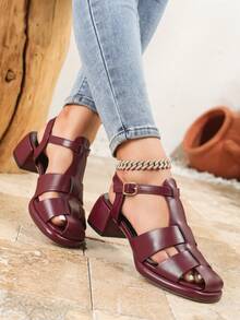 Giày sandal đế xuồng cao gót dày màu đỏ tía dành cho nữ, kiểu dáng thời trang công sở, giày dệt kim mùa xuân/hè mới, sandal đế xuồng đa năng, sandal chiến binh quai ngang mắt cá chân mũi tròn, sandal đế xuồng thoáng khí thoải mái, thích hợp cho đi chơi hoặc nghỉ lễ. - Màu Đỏ Sâu - Xem 3