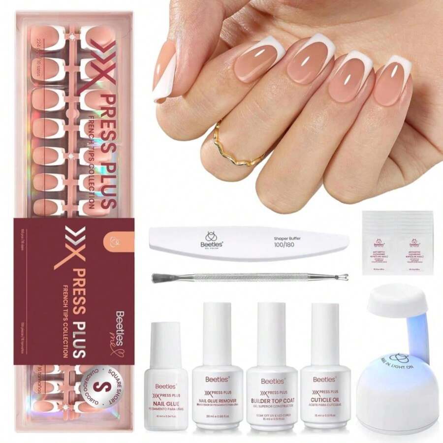 Beetles French Tips Press On Nails: 150 Pcs Pink Short Square Press On Nails Fake Nail Tips, Soft Gel Nail False Nails Art DIY Gifts For Women - Màu AA - Xem 1
