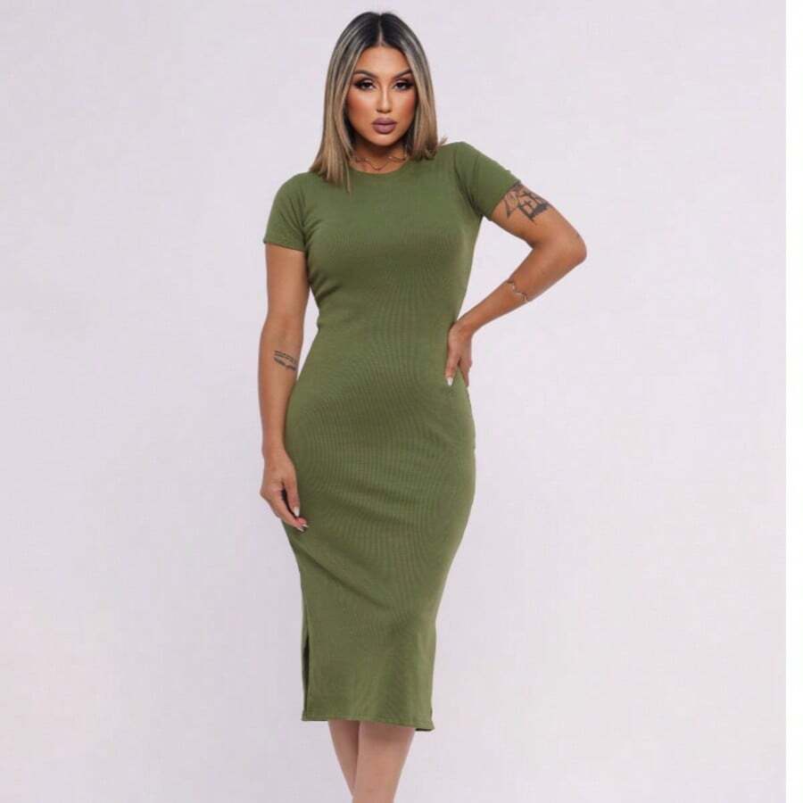 Vestido Feminino Canelado Midi Fenda lateral Casual e Elegante Manga Curta