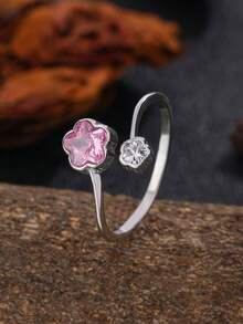 Anillo de trébol con doble cristal, anillo abierto con contraste de rosa y blanco, accesorio versátil y fresco para el día a día - Rojo y blanco - Ver 1