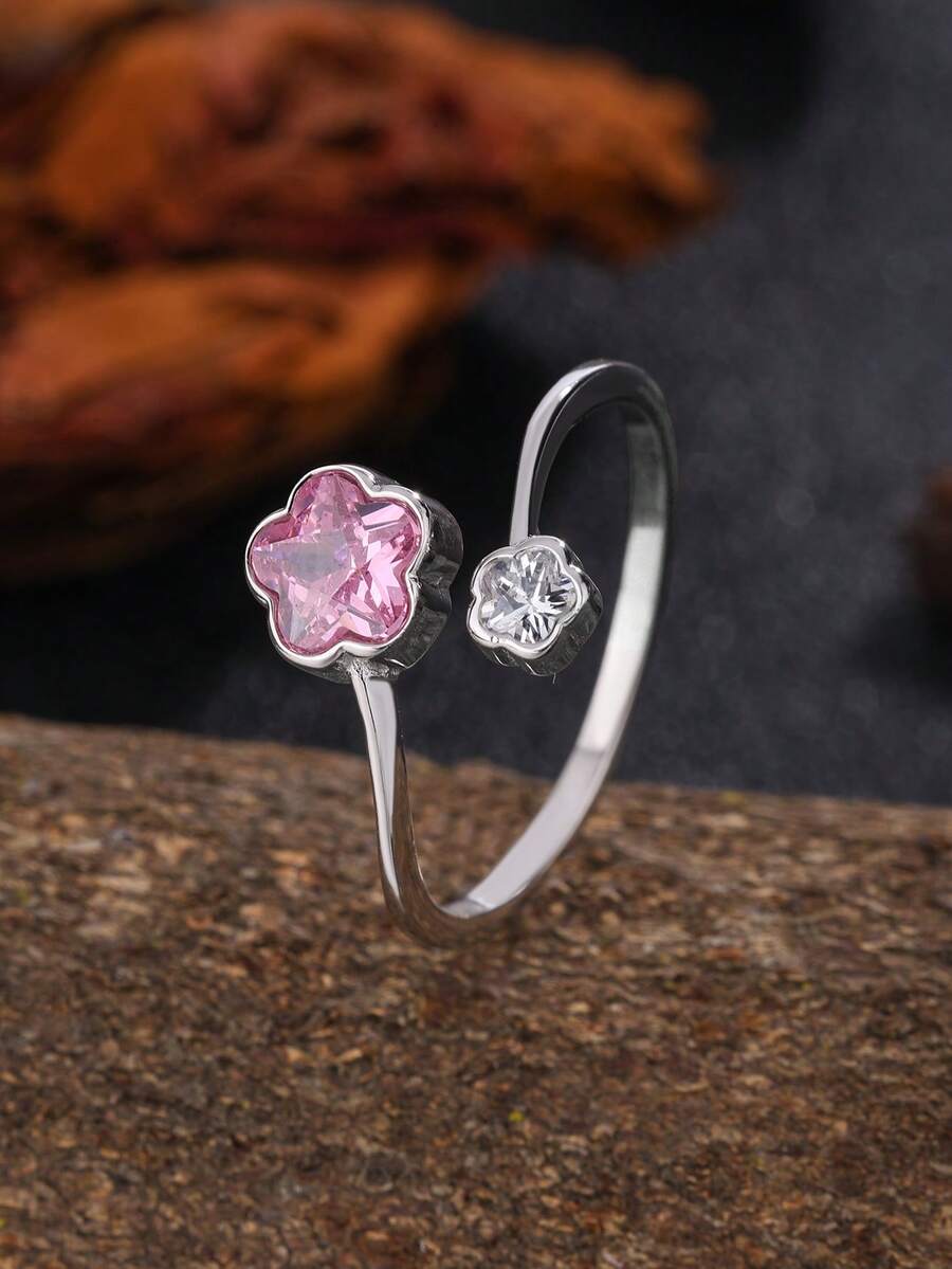 Anillo de trébol con doble cristal, anillo abierto con contraste de rosa y blanco, accesorio versátil y fresco para el día a día - Rojo y blanco - Ver 1