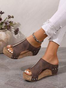 1 par de sandalias de plataforma y cuña con efecto de madera envejecida, estilo vintage para mujer, con decoración de remaches y diseño de punta abierta, para el verano - Café integral - Ver 3