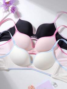 3pcs/Set Teenage Girls' Seamless Wireless Colorblock Bras, Comfortable Cute Letter Print Bras, Suitable For 13-16 Years Old - Multicolor - View 5