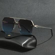 2025 Gafas de sol cuadradas de doble puente de estilo caliente transfronterizo, personalidad europea y americana, gafas de piloto de media montura simples para hombres y mujeres - Película gris azulada con marco plateado - Ver 1