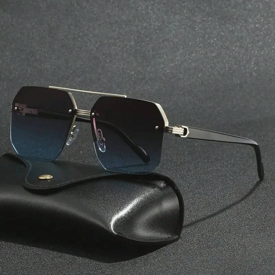 2025 Gafas de sol cuadradas de doble puente de estilo caliente transfronterizo, personalidad europea y americana, gafas de piloto de media montura simples para hombres y mujeres - Película gris azulada con marco plateado - Ver 1