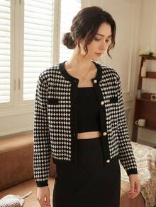 Knit Mix 优雅女士时尚针织法式通勤开衫，圣诞节/感恩节/新年时尚格子图案珍珠纽扣宽松毛衣，适合秋冬春季返校季穿着 - 黑與白 - 查看 10