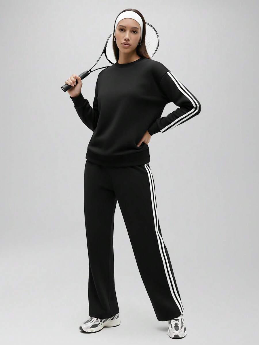 Neuer Damen 2 Stücke Sportanzug, Rundhals Sportbekleidung, modisches & vielseitiges Outdoor-Set - Schwarz - Übersicht 1
