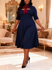 Plus Size Women Elegant Navy Midi Dress With Red Bow Tie Mock Neck Cut Out A Line Dresses For Formal Occasions Cocktail Party - Navy Blue - View 2