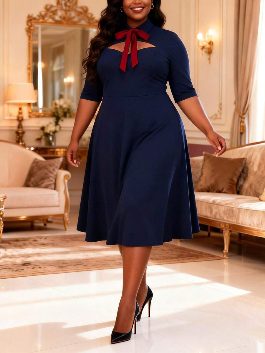 大码女士优雅藏蓝色中长连衣裙，配红色蝴蝶结高领镂空A字裙摆，适合正式场合和鸡尾酒会 - 藏蓝色 - 查看 1