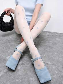 1双薄款浪漫白蓝星形提花丝袜，甜美少女风白色性感连裤袜，春夏款 - 彩色 - 查看 3