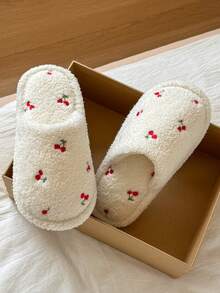 Women's White Ditsy Floral Fluffy Lined Winter Slippers, Indoor/Outdoor House Slippers - Beige - View 5