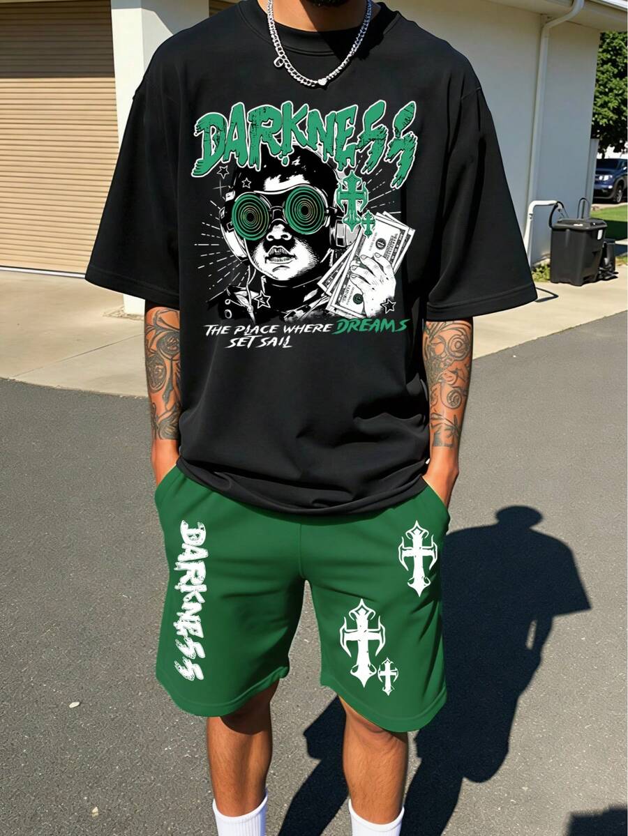 两件套男士人像和标语印花街头风T恤套装 - 彩色 - 查看 1