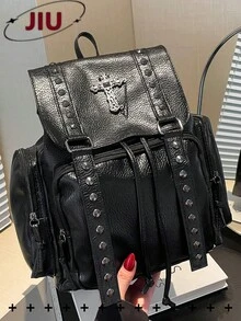 Y2K Street-Style PU Soft Leder Klappe Rucksack Damen Tasche; Multifunktionale stilvolle Nieten Tagstasche; Mehrtaschiger leichter Kordelzug Reisetasche; Große Kapazität einfache Schultasche; Praktische Büchertasche für Studenten, Krankenschwestern, Lehrer, Geschäftsleute, Reisen, Geschäftsreisen, tägliche Fahrten, Einkaufen, Büro, Dates, Wandern, Training, Arbeit, Geburtstagsgeschenke, Urlaubsgeschenke - Verschiedenfarbig - Übersicht 16