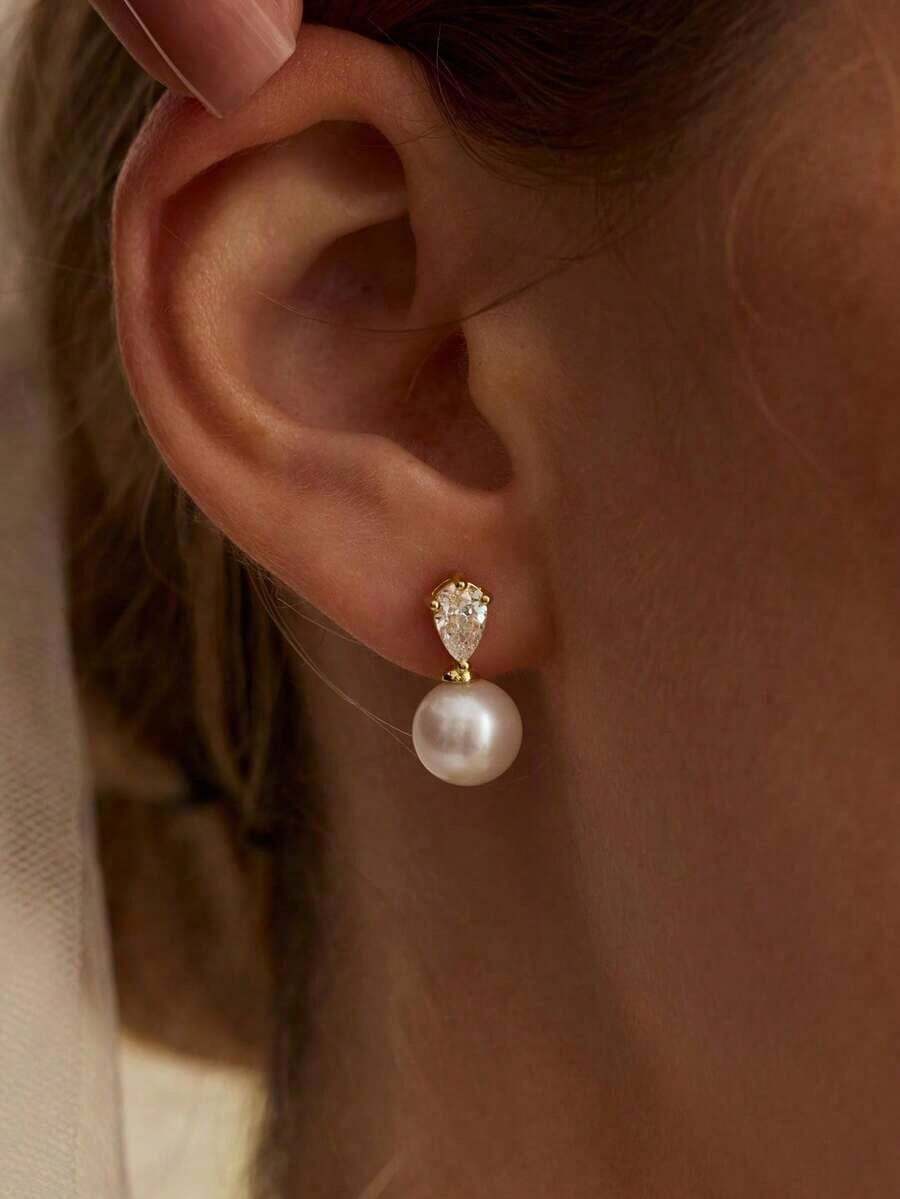 14k Gold Plated CZ Pearl Bridal Earrings, Low Allergy Gold Plated Earrings, Elegant Wedding Bride Pearl Jewelry For Women - 袋子耳環 - 查看 1