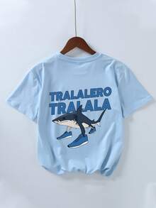 男童鲨鱼标语印花套头衫 圆领短袖 春夏新款男童服装 - 淺藍色 - 查看 3