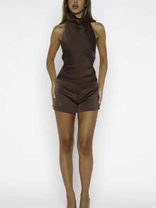 Women 2 Piece Satin Set Y2k Halter Mock Neck Backless Tank Top Low Waist Mini Shorts Set Nightout Party Clubwear - 咖啡色 - 查看 5
