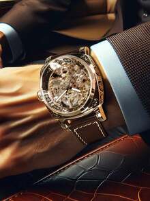 GUANQIN 1枚男士黑色锌合金商务风格夜光雕刻自动陀飞轮镂空机械表，适合万圣节、圣诞节、父亲节、返校季、学生、节日、情人节、约会、商务、日常佩戴、礼品等场合。 - 鏽棕色 - 查看 5