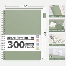 Graph Paper Notebook, 300 Pages Spiral Notebook 8.5\ X 11\, A4 Large Grid Paper Notebook, 100gsm Thick Paper, Plastic Hardcover Journals For Schoolsss Engineering Math, Sage Green - SageGreen - View 5