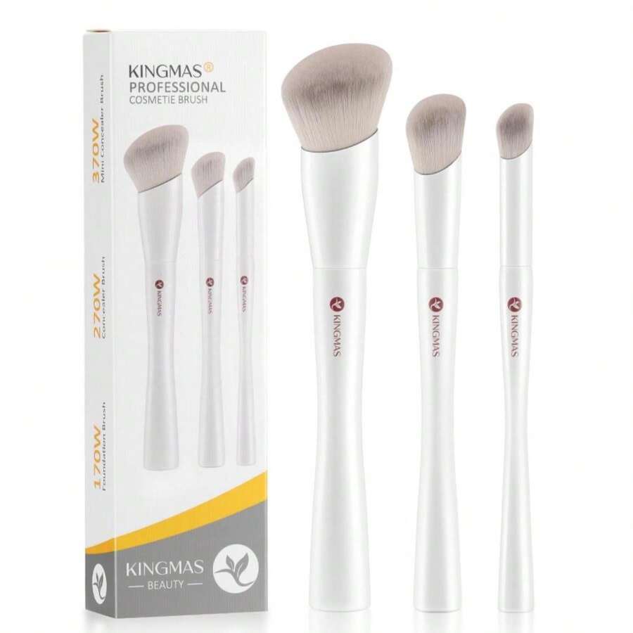 KINGMAS Angled Foundation Brush Concealer Brush, Premium Kabuki Makeup Brush For Liquid, Blending, Cream, Powder, Blush Buffing Stippling Face Makeup Tools White (White, A. 3Pcs (170W\/270W\/370W)) - MàuC - Xem 1