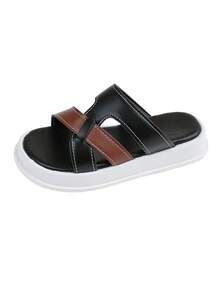 Minimalist Leather Slippers | Dual-Tone Criss-Cross Strap, Elevate Daily Outfit - Black - View 8