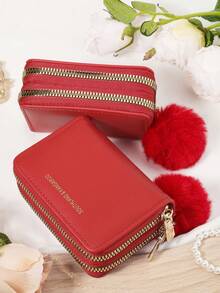 Decorated With A Furry Pom Pom Charm,Double Zipper,Versatile Coin Wallet,Letter Graphic Card Holder Multi-Card Card Organizer For Storage Credit Cards School Supplies For School Dorm Room - Red - View 3