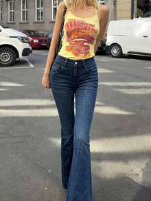 BLTN 新款女士春季 Y2K 风格修身休闲长款喇叭牛仔裤，带拉链、纽扣和口袋，中等弹力梭织面料，新年穿搭，情人节必备