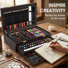 175-Pack Deluxe Wooden Art Set Drawing Painting Kit With 2 Drawing Pads, Acrylic Paints, Colored Pencils, Crayons, Paint Brush, Art Kit In Wooden Case, Gift For Artist, Adults, Teens And Kids - 棕色 - 查看 4