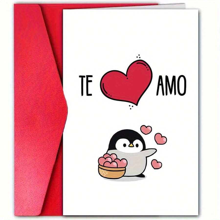 1PC Valentine's Day Spanish Love Card With Red Envelope - Cute Penguin And Heart Design, TE AMO Greeting, Anniversary And Valentine's Day, Themed Card Husband/Wife/Boyfriend/Girlfriend, Fun Heart Pattern, Bright Printing Quality - 彩色 - 查看 1