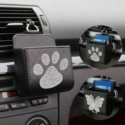 1pc Rhinestone Decor PU Leather Car Air Vent Storage Box, Compact Size Fits Easily On Car Air Vent, Convenient Clip-On Design