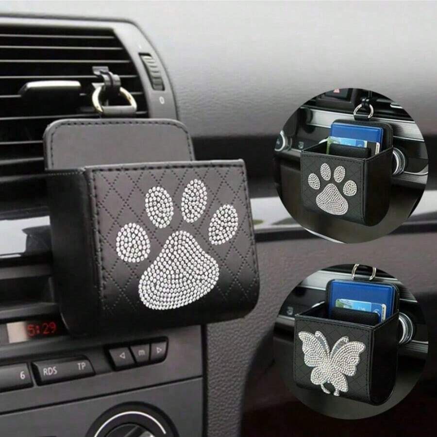 1pc Rhinestone Decor PU Leather Car Air Vent Storage Box, Compact Size Fits Easily On Car Air Vent, Convenient Clip-On Design