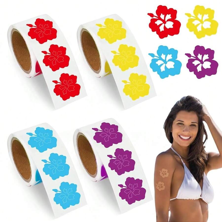 400Pcs Hibiscus Flower Tanning Sunbathing Stickers Red Yellow Blue Purple Floral Se- Adhesive Body Decals For Summer Beach Hawaiian Tropical Luau Salon Party Supplies - 芙蓉花 - 查看 1