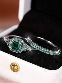 两件套波西米亚风绿色立方氧化锆订婚戒指套装，情侣款 - 婚礼和情人节的完美之选 - 戒指 - 查看 2