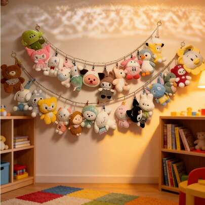 2个可爱悬挂式毛绒娃娃吊床，大型毛绒玩具角落收纳架，装饰性挂绳和夹子，颜色随机 - 可爱的悬挂式毛绒娃娃收纳架，适用于房间、婴儿房、卧室