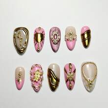10pcs Handmade Press On False Nails Medium Almond Pink Nude 3D Gold Metallic Pearl Rhinestone Star Nail Charms Romantic Princess Royalcore Style Wedding Date Tea Party Daily Wear Unas Postizas - Hồng - Xem 12