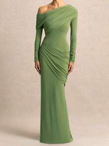 女士休闲优雅绿色针织长裙，褶裥长袖，不对称领口，修身剪裁，适合春季派对穿着 - 綠色 - 查看 2