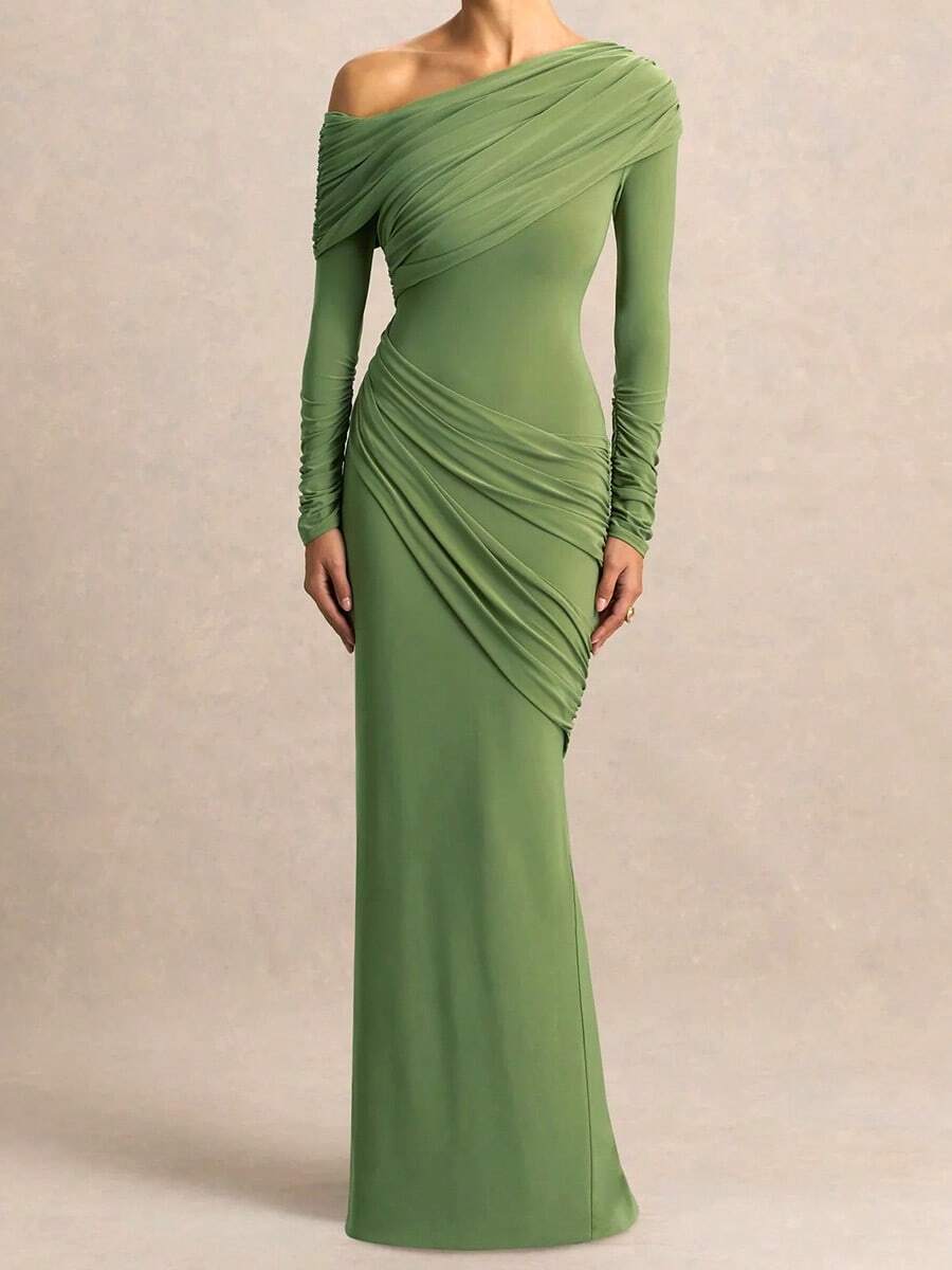 女士休闲优雅绿色针织长裙，褶裥长袖，不对称领口，修身剪裁，适合春季派对穿着