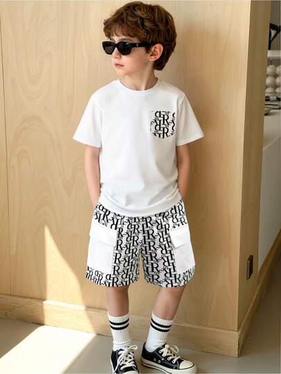 2pcs Toddler Boys' Spring/Summer Short Sleeve T-Shirt And Shorts Set, Black & White Contrast Letter Print Casual Streetwear Outfit