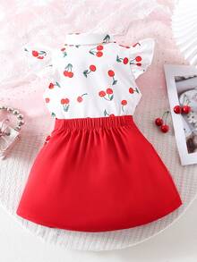 Young Girls Cherry Print Ruffle Collar Sleeveless Shirt And Bow Skirt Set, Summer - Red - View 2